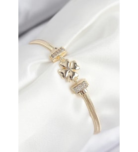 Pirinç Zirkon Taşlı Yonca Model Gold Renk Kadın Bileklik - TJ-BB7897