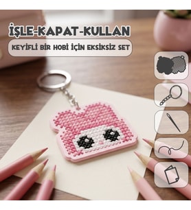 Etamina Pembe Başlıklı Tavşan -My Melody- Kanaviçe Anahtarlık Kiti (İşleme Hobi Seti)