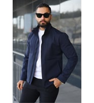 Su İtici Teknik Kumaş Dik Yaka Astarlı Hafif Ceket (Lacivert)