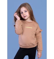 Toontoy Kız Çocuk Kolları Fırfır Detaylı Nakışlı Sweatshirt (Kahverengi)