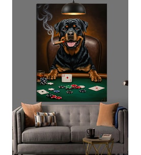 Poker Masasında Rottweiler Dekoratif Kanvas - Mdf Ahşap Tablo