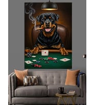 Poker Masasında Rottweiler Dekoratif Kanvas - Mdf Ahşap Tablo