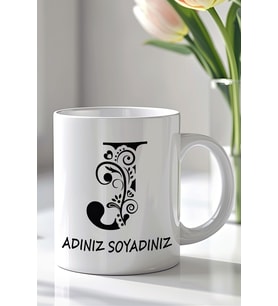 Kişiselleştirilebilir J Harfi Tasarımlı 330ml Baskılı Beyaz Seramik Kupa Bardak (Siyah Beyaz Baskili)