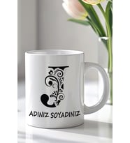 Kişiselleştirilebilir J Harfi Tasarımlı 330ml Baskılı Beyaz Seramik Kupa Bardak (Siyah Beyaz Baskili)