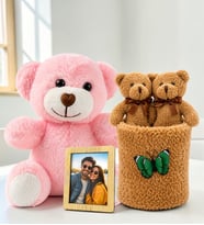 Kişiye Özel Fotoğraflı Pembe Peluş Ayıcık ve Peluş Saksıda Ayıcık Buketi Arkadaşa Kadına Sevgiliye Hediye Seti