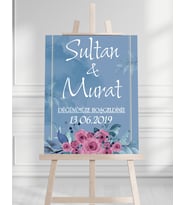 Söz Nişan Düğün İçin 50x70 Karşılama Panosu - Mavi Çiçek Tasarımlı 1