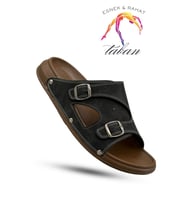 Sermoda Erkek Terlik - Çift Toka Ayarlanabilir Esnek Taban Deri Erkek Terlik T Siyah