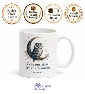 Baykuş Çizimli Gece Yarısı Kahve Kupası Gece Kuşlarına Özel Hediye Bardak