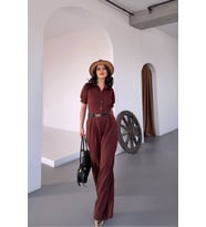 kadın gömlek yaka kemerli geniş paça tulum NBK4197