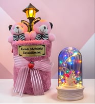 Kişiye Özel Sokak Lambalı Peluş Ayıcık Buketi ve Renkli Işıklı Fanus Seti (Model 1)