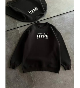 pilelistore- Üç İplik Bisiklet Yaka Baskılı SweatShirt - Siyah