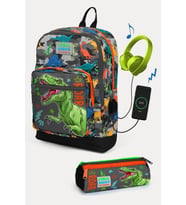 Coral High Kids Siyah Gri Dinozor Desenli USB'li 2'li Okul Çanta Seti - Erkek Çocuk