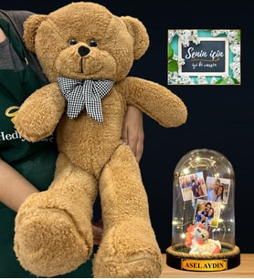 Size Özel İsimli Premium Set - Büyük Boy Kahve Peluş Ayıcık ve İsimli 3 Fotoğraflı Led Işıklı Fanus (Model 5)