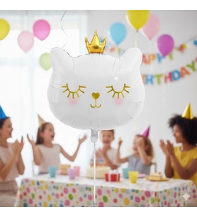 30 İnç Beyaz Kedi Kafası Taçlı Folyo Balon - Doğum Günü Parti Dekorasyon Balonu