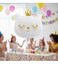 30 İnç Beyaz Kedi Kafası Taçlı Folyo Balon - Doğum Günü Parti Dekorasyon Balonu