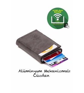 Adelina Unisex Gri Alüminyum Mekanizmalı Kızaklı Kartlık Cüzdan Aksesuar 