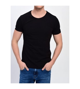 Erkek Siyah Bisiklet Yaka Likralı Basic T-shirt