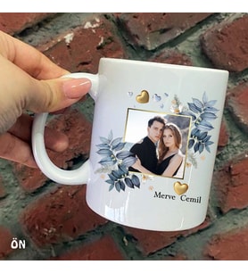 Size Özel Gold Kalpli Mavi Çiçekli Gold Çerçeve Kişiye Özel Resimli ve isimli Baskılı Kupa Bardaklar