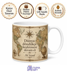 Kişiye Özel İsimli Coğrafya Öğrencisi Tasarımlı Atlas Baskılı Kupa Bardak Hediye