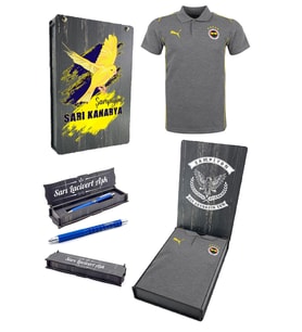 Fenerbahçe Orijinal Lisanslı 2024/25 A Takım Polo Yaka Gri T-Shirt + Kalem Set Hediyelik Kutu (Gri-Lacivert)