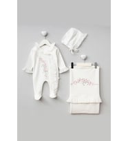 Kız Bebek % 100 Pamuk Natural Çiçek Nakışlı Dantel Detaylı 3'lü Hastane Çıkışı Seti STL7078 (Ekru)