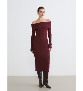 LCW Comfort Kırmızı Kayık Yaka Triko Elbise