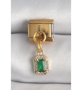 316L Çelik Gold Renk Sallantı Kare Yeşil Zirkon Taşlı Nomination Charm - Lisinya