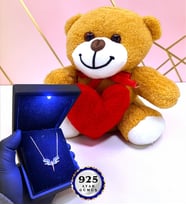 Led Işıklı Premium Kutusunda 925 Ayar Gümüş Melek Tasarımlı Kolye Peluş Ayıcık Hediyeli