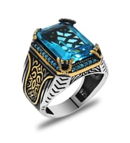Baget Kesim Aqua Zirkon Taşlı Yanları Gotik Süslemeli 925 Ayar Gümüş Erkek Yüzük (Mavi)