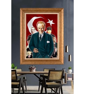 Altın Varaklı Çerçeveli Paspartulu Atatürk Tablo DC1551 (Gold)