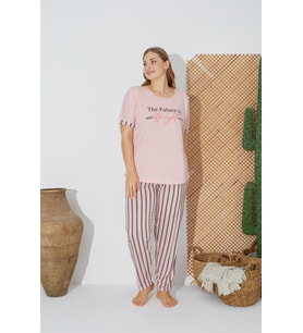 Estiva 24071 Büyük Beden Kadın Kısa Kol Pijama Takımı (Pembe)