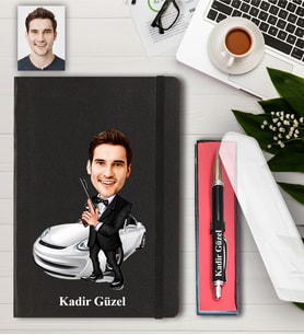 Kişiye Özel Beyaz Ferrarili Karikatür Defter ve Kalem