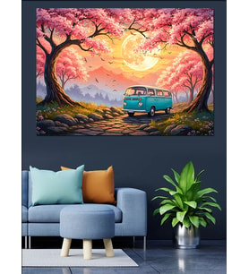 Pembe Ağaçlı Yol Manzarası Dekoratif Kanvas - Mdf Ahşap Tablo