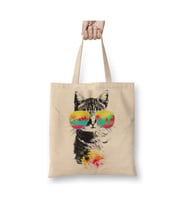 Cat Kedi Cat Kedi Esintisi Güneş Gözlüklü Beyaz Bez Çanta Uzun Saplı Alışveriş Çantası Plaj Çantası