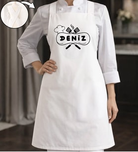 BK Gift Kişiye Özel İsimli Çapraz Askılı Beyaz Mutfak Önlüğü - 1, Aşçı Önlüğü, Şef Önlüğü, Anneye Hediye
