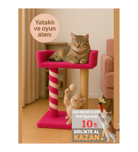 2 Katlı Yataklı ve Oyun Alanlı Peluş Dokulu Yumuşacık Kedi Tırmalama Tahtası ve Kedi Yatağı 55 cm
