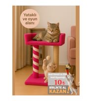 2 Katlı Yataklı ve Oyun Alanlı Peluş Dokulu Yumuşacık Kedi Tırmalama Tahtası ve Kedi Yatağı 55 cm