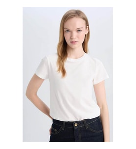 Defacto Kısa Kol Kırık Beyaz Kadın T-Shirt C3852AX/WT32