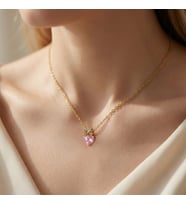 Altın Kaplama Kurdeleli Pembe Kalp Çelik Kolye (Gold)