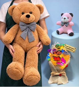 Kişiye Özel Peluş Ayıcık Seti Led Işıklı Buketli ve Kahve Büyük Peluş Ayıcıklı (Model 5)