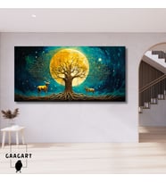 Panoramik Kanvas Duvar Tablosu Dolunay ve Gold Geyikler