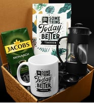 Özel Tasarım Kupa & Özel Tasarım Defter & French Press & 250 Gram Jacobs Filtre Kahve Hediye Seti