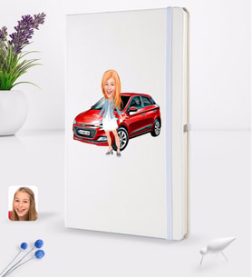 BK Gift Kişiye Özel Plakalı Kadın Hyundai İ20 Karikatürlü Beyaz Termo Deri Defter 16x24cm Model 1
