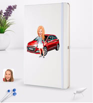 BK Gift Kişiye Özel Plakalı Kadın Hyundai İ20 Karikatürlü Beyaz Termo Deri Defter 16x24cm Model 1