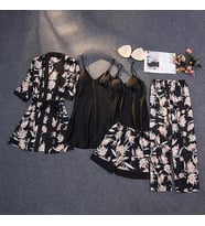 5 Parça Lüks Saten Pijama Gecelik Takımı Çiçek Desenli Sabahlık Robe Kadın İç Giyim Seti W2013