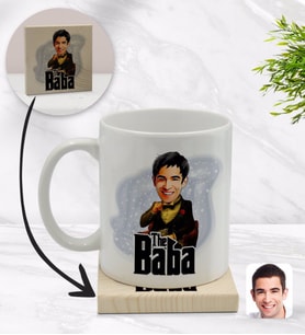 BK Gift Kişiye Özel Baba Godfather Karikatürlü Beyaz Kupa Bardak ve Ahşap Bardak Altlığı Hediye Seti - Model 3