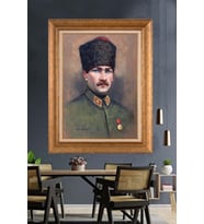 Altın Varaklı Çerçeveli Paspartulu Atatürk Tablo nh83 (Gold)