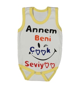 Unısex Beyaz Sarı Biyeli Annem Beni Seviyor Yazılı Askılı Zıbın