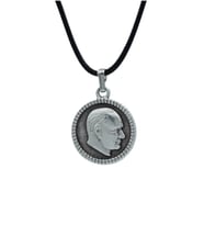 Atatürk Madalyon Deri ip Kolye - Gümüş Kaplama - Kadın Erkek Kolye - No:781