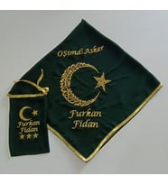Yeşil ve Kırmızı Şifon İsimli O Şimdi Asker Nakış İşlemeli Kına Örtüsü Omuz Şalı İsimli Eldiven Kişiye Özel (Yeşil)
